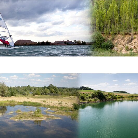 Collage showing windsurfing, restored sand landscapes and water areas illustrating recultivation and biodiversity
