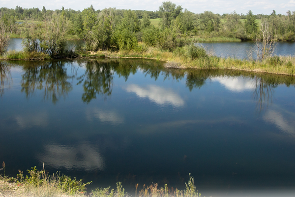 Panorama of a restored quarry lake with calm water and surrounding green vegetation